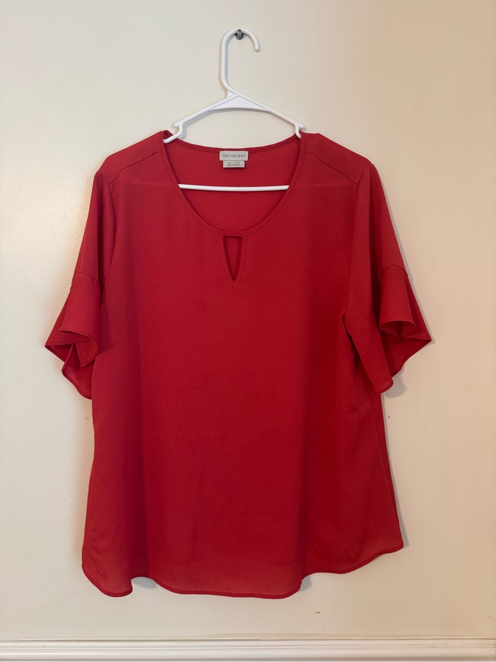 Van Heusen Red Short Ruffle Sleeve Keyhole Top XL